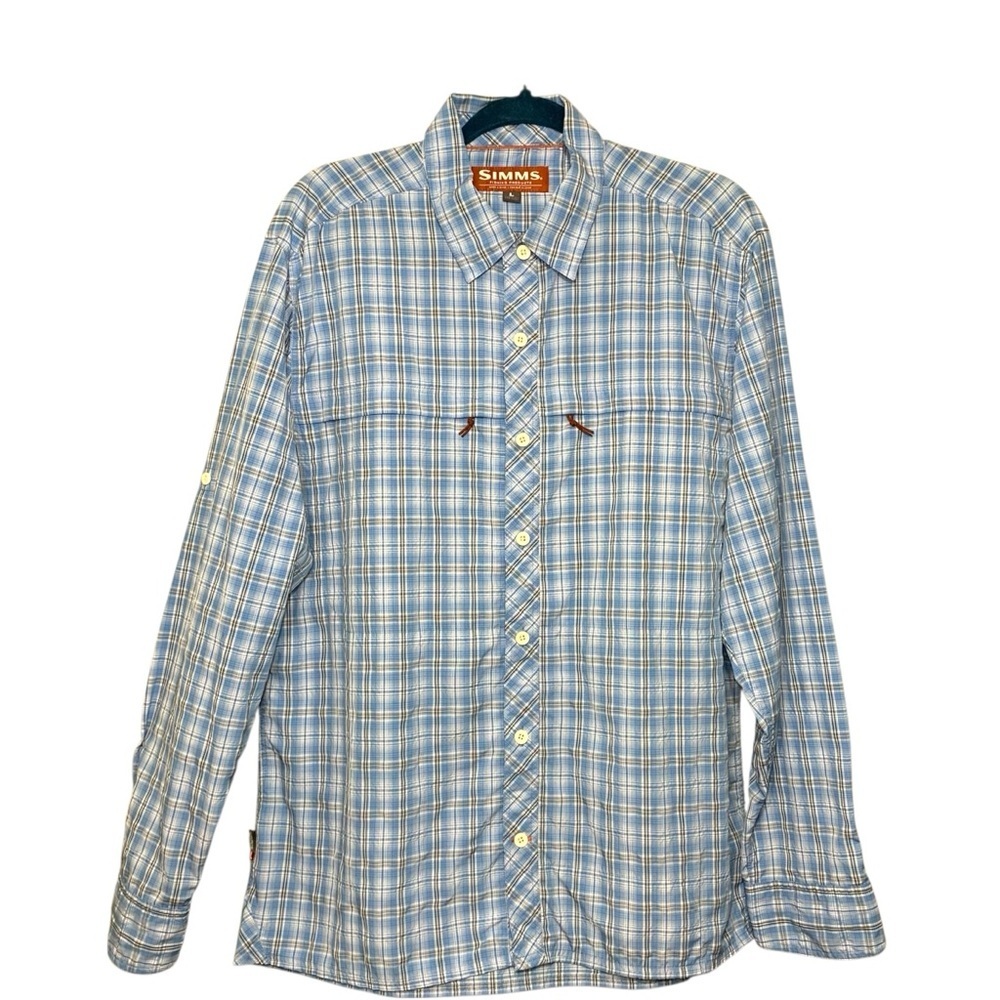 Simms Fishing Button Up Shirt Long Sleeve Blue Plaid Sz L Quick Dry Zip Pocket